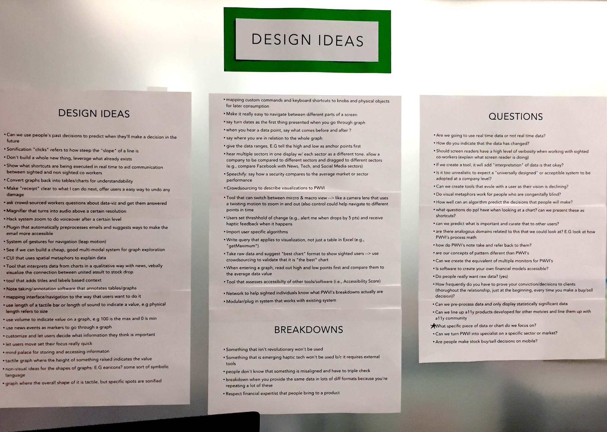 Three long white sheets with a white label on top that says 'Design Ideas.' The first sheet lists dozens of design ideas, the second sheet lists 'breakdowns', and the third sheet lists 'questions.' Text too small to read.