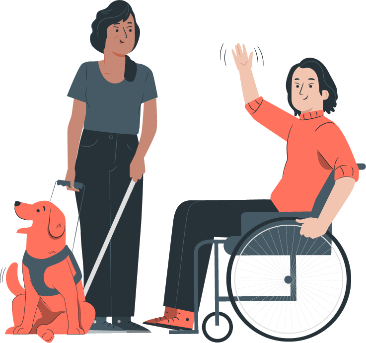 Icon of a man in a wheelchair waving at a woman with a dog
