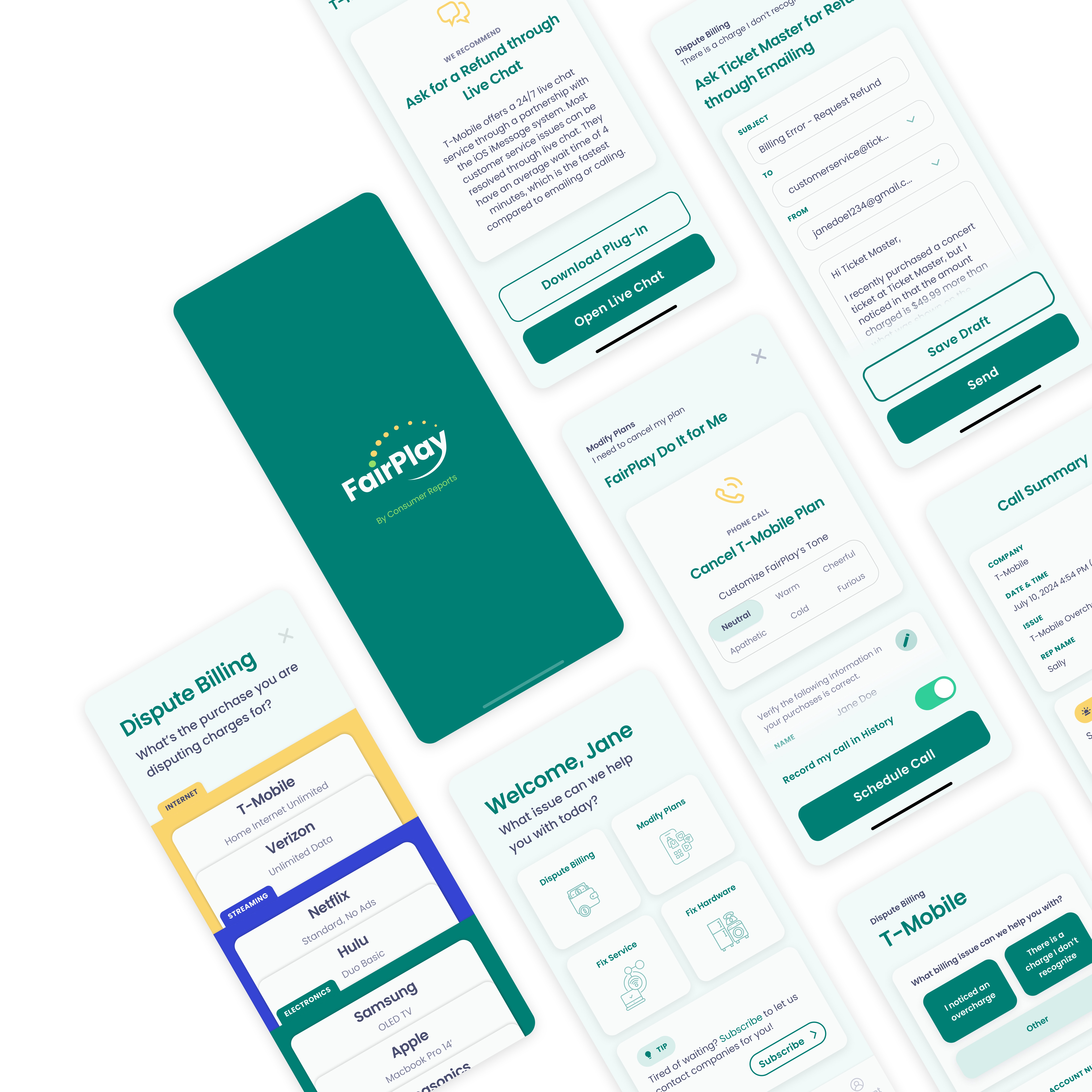 a variety of mobile app screens of FairPlay by Consumer Reports