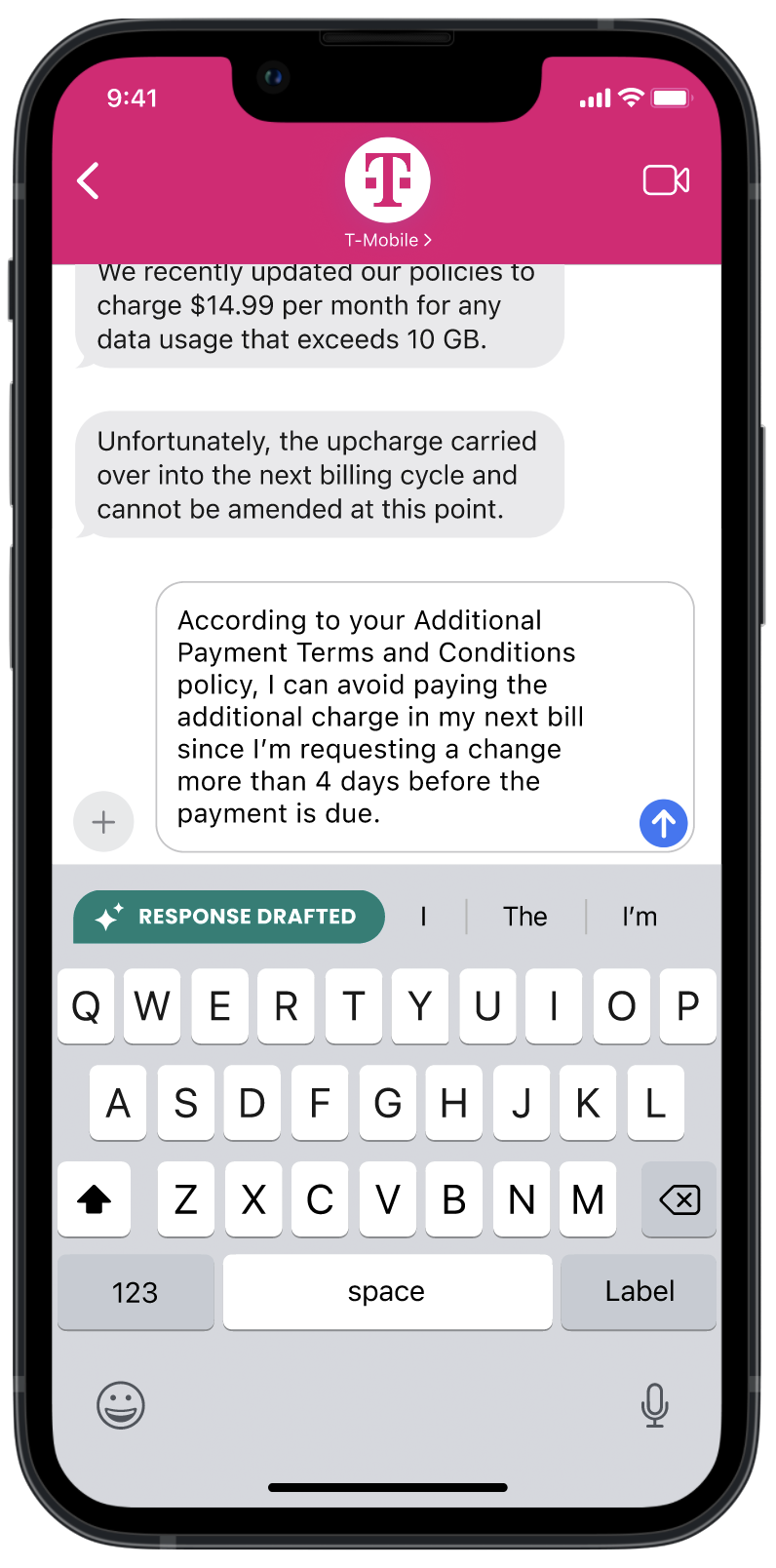 iMessage chat interface of customer service chat with FairPlay keyboard plug-in