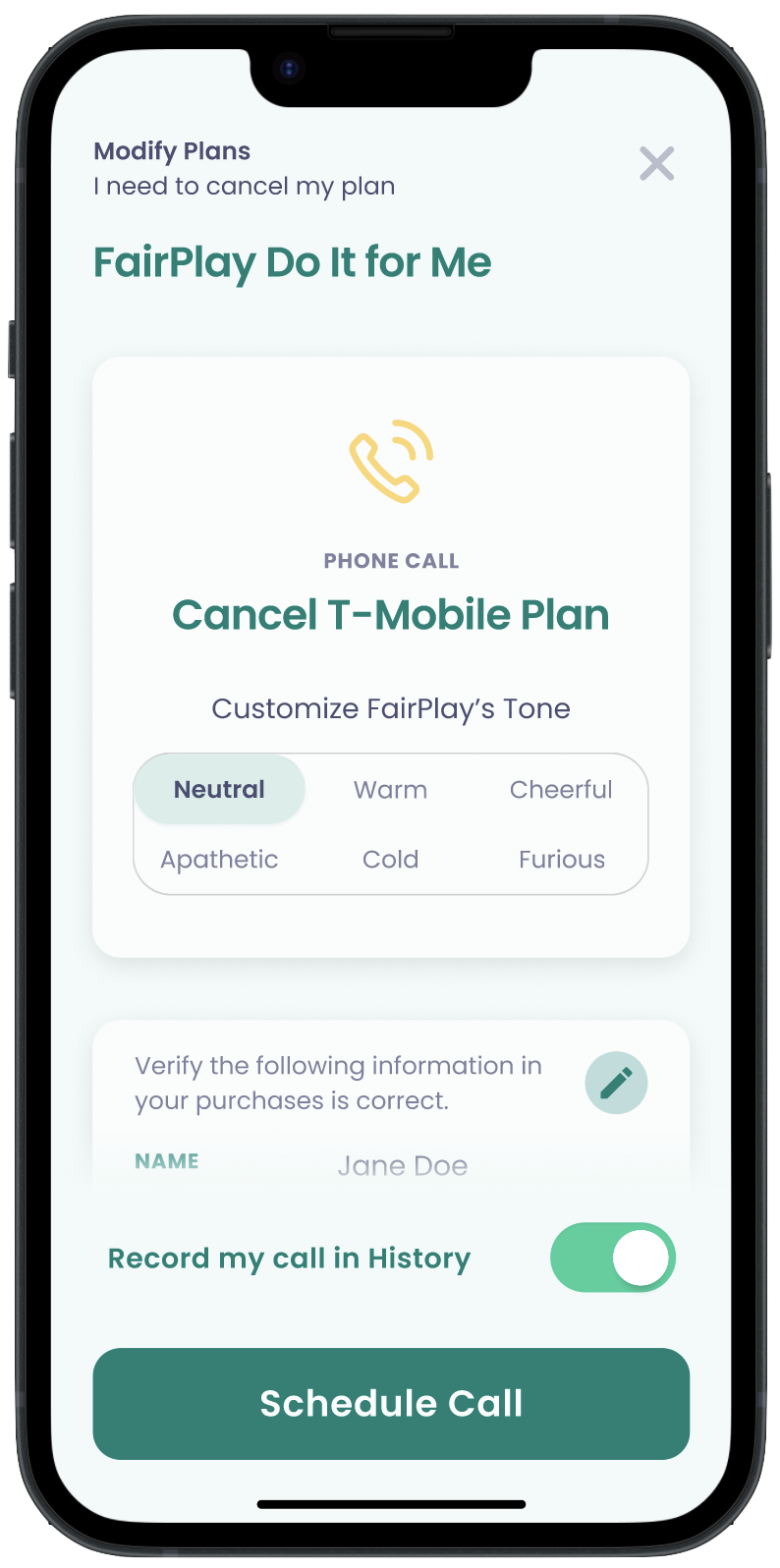 FairPlay voice Ai agent scheduling screen - customize the tone you want our agent to interact with companies via
