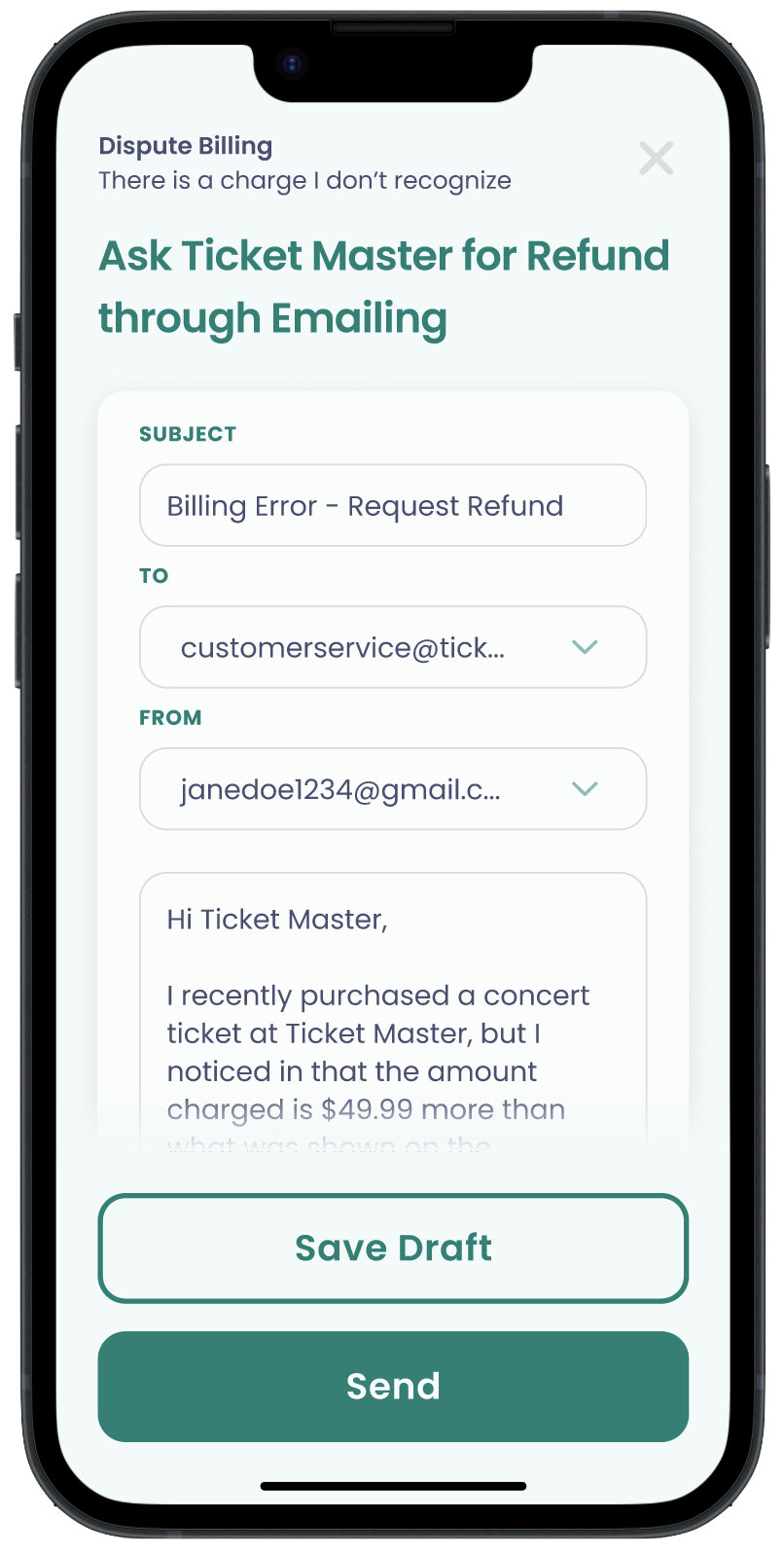email interface of FairPlay mobile screen - automatic drafting of email to send to company customer service