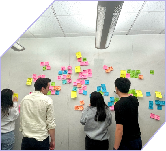 Image of team conducting idea synthesis activity against whiteboard with colorful post-its