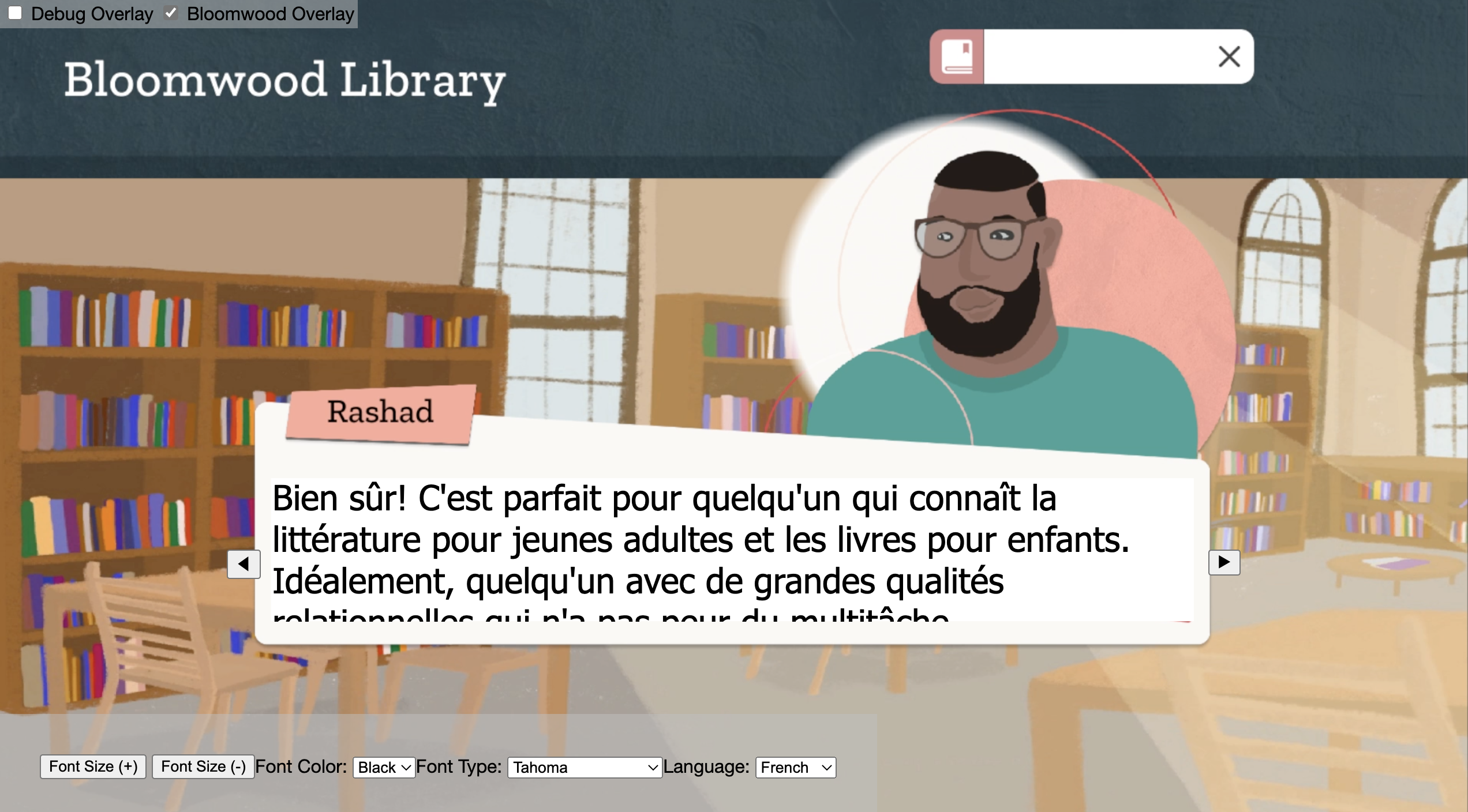 screenshot of the Bloomwood game interface enhanced with customization options for viewers, including changing the font size, color, and language