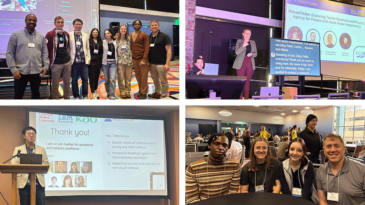A collage of 4 images from the ASSETS conference that show 2 presentations and 2 group photos