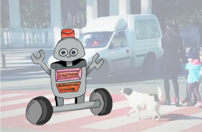 A drawing of a smiling robot with open arms wearing a sign that says &quot;Caution, pedestrian cross&quot; set against a real background of an urban crosswalk pedestrians and a dog are trying to use.