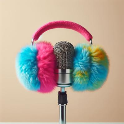 Pink and blue earmuffs placed on a microphone.