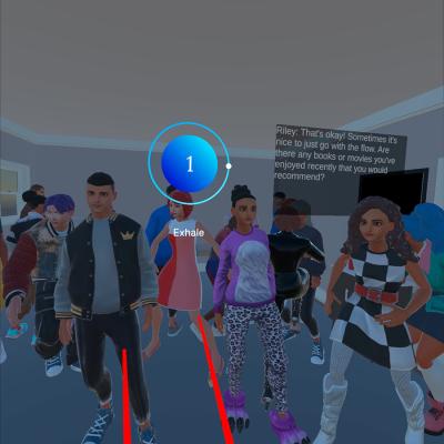 An scene from a virtual reality environment shows a room of animated people in a simulated party environment.