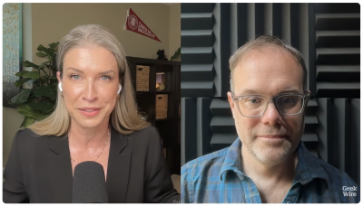 split video screen featuring side by side images of Does Compute podcast host on the left and guest Chris Harrison on the right