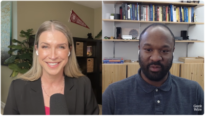 video screenshot of podcast host Steph Strickland beside podcast guest Patrick Carrington