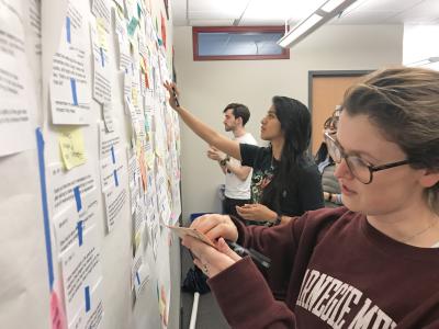 four MHCI students facing left side of photo, working on large affinity diagram on the wall