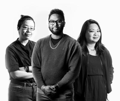 black and white photo of 2 students and 2 alum on planning committee of Pittsburgh's Racial Justice Summit 2019