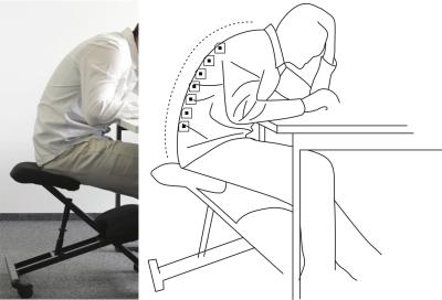 side by side images: left image of a seated person hunched over a desk; right image a line drawing of the person with RFID sensor tags on spine