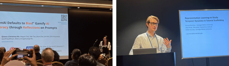 Side by side photos of PhD students Qianou Ma and Conrad Borchers presenting at AIED
