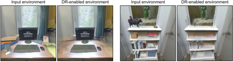 Screenshots of two examples of Diminished Reality. One shows two side-by-side images of a desk with a computer, mouse, keyboard and decorative object on one side, and the same desk with all objects but the decorative object faded out. The other image shows a shelf with books on one side, and a shelf with all but one book faded out.