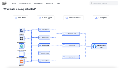 screenshot of the Android Network Traces website with a table of tracing info about Meta apps