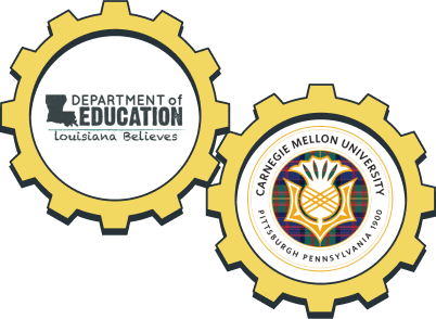 illustration of 2 gears side by side with the Louisiana Department of Education logo in the center of the gear on the left and CMU logo in the center of the gear on the right