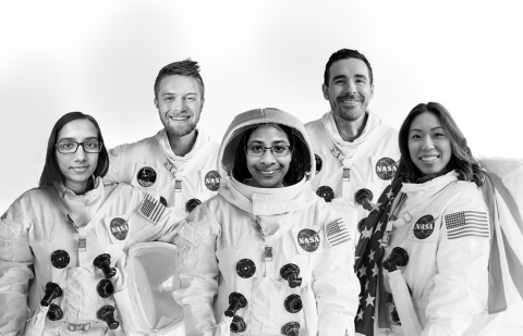 the faces of the 5 students on the NASA Chronos team on astronaut suit bodies