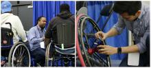2 side by side photos of an HCII PostDoc and PhD student with the SpokeSense prototype at the NWBA basketball tournament