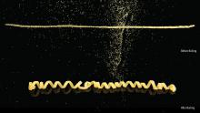 2 side by side images of pasta: a flat noodle before boiling and the same noodle in a spiral shape after boiling