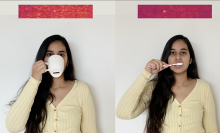 2 side by side images of the same person drinking from a mug and brushing teeth