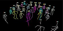 graphic with multicolored stick figures on a black background, representative of an actual classroom of students at their desks