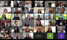 screenshot of a virtual meeting on Zoom with dozens of students 