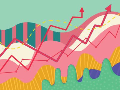 a colorful illustration with several different data visualization elements