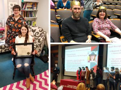 Collage of 3 photos from the SCS awards ceremony. Queenie and Geoff wearing gold crowns, Queenie and group on stage, Diana and Jessica with her award in Jessica's office afterward