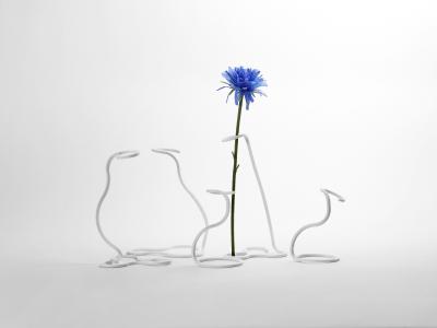 Five 1D linear forms were morphed into 3D line sculptures once triggered with heat. One curls up to hold a blue flower