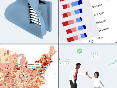 4 images: 3D printed mask, a chart, illustration of student high fiveing teacher & US map counties