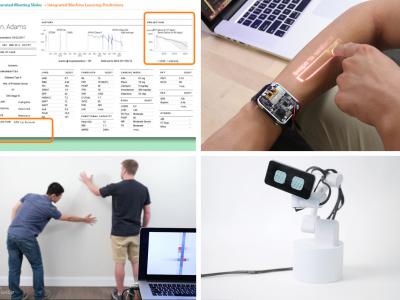 square collage made of 4 images of projects: computer screen with dashboard, watch projecting image onto arm, an interactive wall, and emoto ai