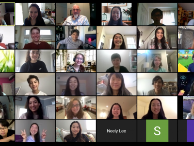 screenshot of a virtual meeting on Zoom with dozens of students