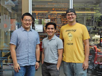 Guo, Laput and Taylor, the 3 Innovation Fellows from the HCII, stand side by side in the lab