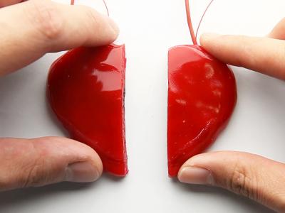 a heart covered in the self-hearling polymer has been sliced in half 