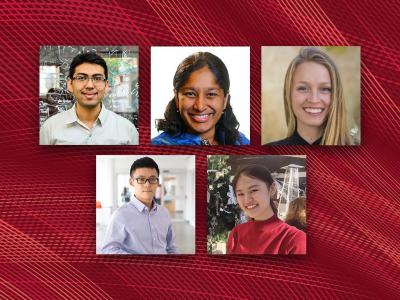 Five SCS students named Siegel Scholars for 2022, 5 headshots on a red plaid background