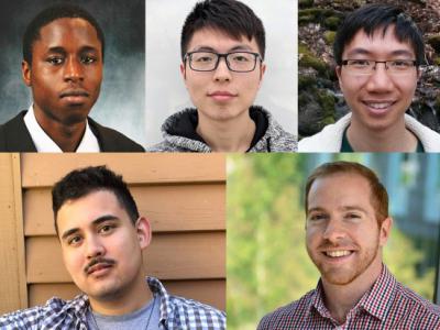 Five SCS graduate students have been named 2020 Siebel Scholars: Amadou Latyr Ngom, Junpei Zhou and Eric Wong (top), and Ken Holstein and Michael Madaio (bottom).