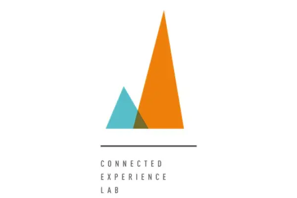 connected experience lab logo, blue and orange triangles slightly overlapping