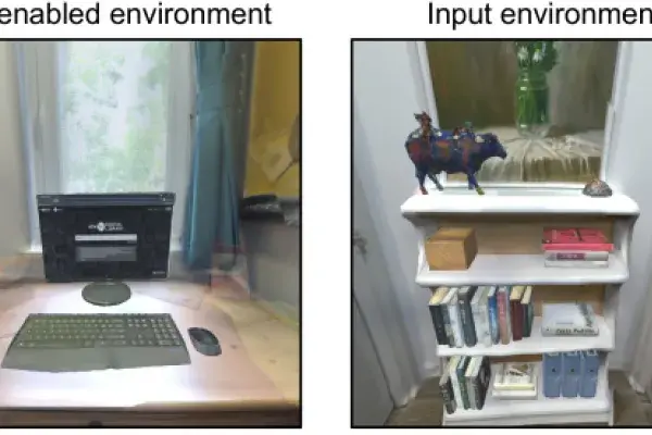 Screenshots of two examples of Diminished Reality. One shows two side-by-side images of a desk with a computer, mouse, keyboard and decorative object on one side, and the same desk with all objects but the decorative object faded out. The other image shows a shelf with books on one side, and a shelf with all but one book faded out.