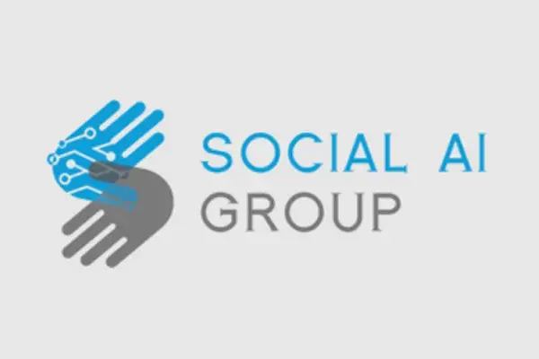 Social AI Group logo, illustration of grey and blue robot hands overlapping