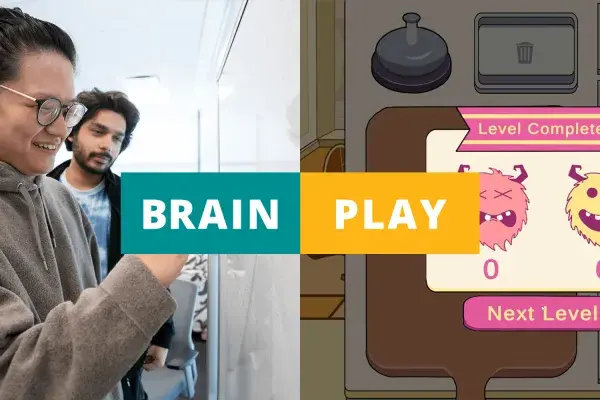 2 side by side images: left side has 2 neuroscience students writing on whiteboard, right side has screen capture of a videogame. The words "Brain Play" are in the center of the graphic.