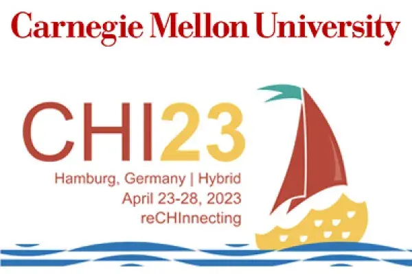 Carnegie Mellon logo (red text) and CHI 2023 logo (a red and yellow sailboat)