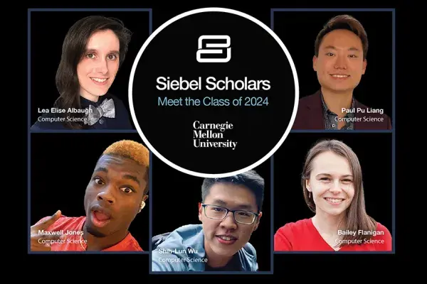 SCS graduate students Lea Albaugh, Paul Pu Liang (top) and Maxwell Jones, Shih-Lun Wu and Bailey Flanigan (bottom) have been named Siebel Scholars for 2024. (Image courtesy of Siebel Scholars.)