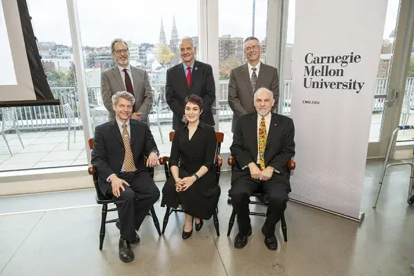 CMU recently recognized Alex John London, Hoda Heidari and Brad Myers in honor of their endowed professorships. They're shown here seated in front of Dietrich College Dean Richard Scheines, SCS Dean Martial Hebert and CMU Provost James Garrett.