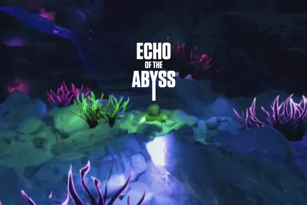 VR scene with some brightly colored underwater plants, text in the center reads "Echo of the Abyss"