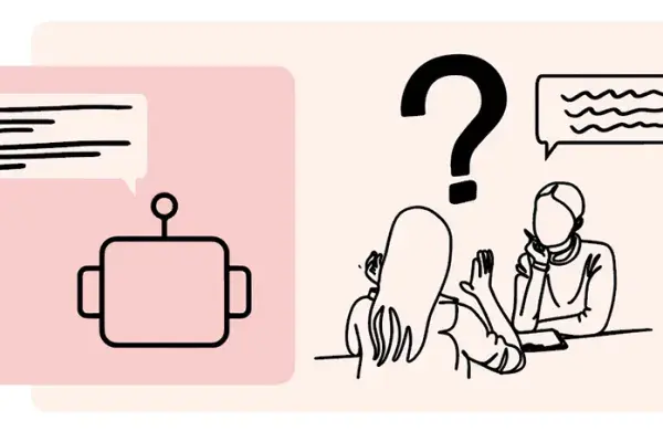 A deep pink box shows the outline of a robot's head with a dialogue box above it, while a lighter pink box contains a drawing of two people talking with a question mark above their heads.