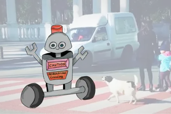 A drawing of a smiling robot with open arms wearing a sign that says "Caution, pedestrian cross" set against a real background of an urban crosswalk pedestrians and a dog are trying to use.