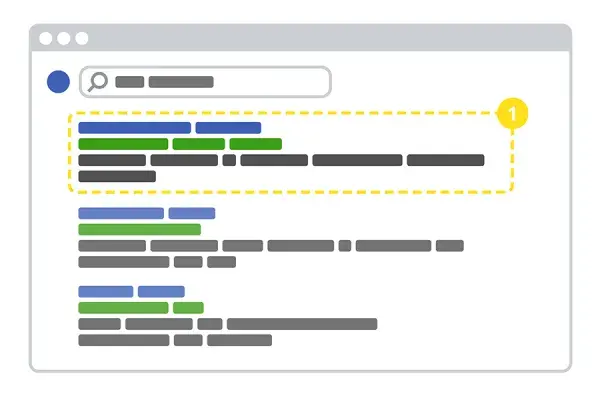 An illustration of a search engine window, including a search bar with a magnifying glass in it, and the results below represented by boxes in various colors.