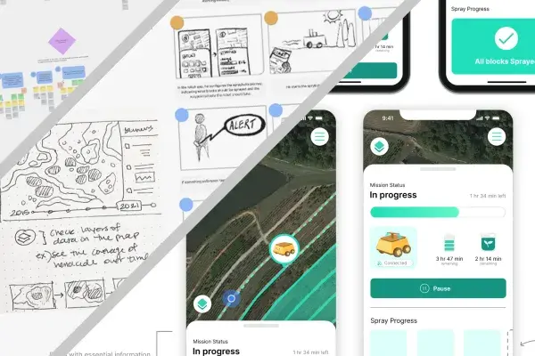 this image collage shows the progression of a past project (robot sprayer design) from brainstoming to low-fi to a colored mock up design on a screen