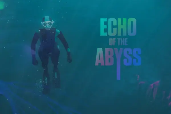 scuba diver beside the text Echo of the Abyss